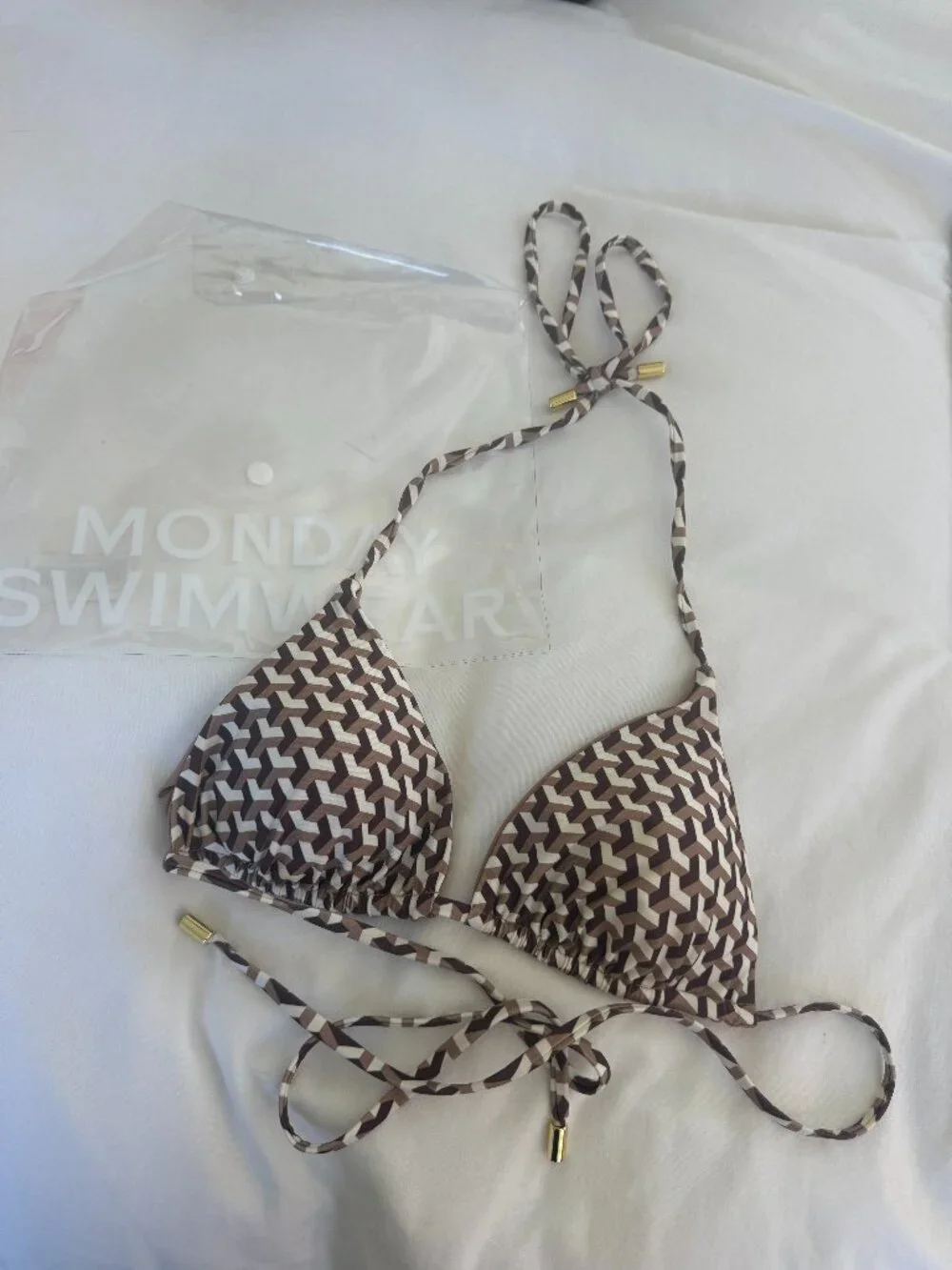 Monday Swimwear Palma Bikini top in Husk Geo print, Size Small